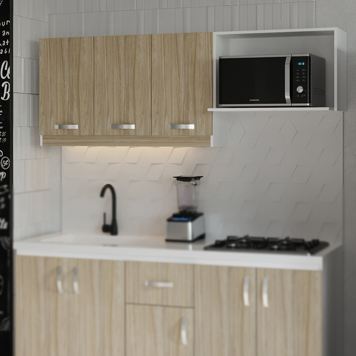 Mueble Superior de Cocina Ambar Soder 180x65cm con Locero Espacio para Extractor Derecha y con Espacio para Microondas - MUEBLES SUPERIORES DE COCINA | Bylmo