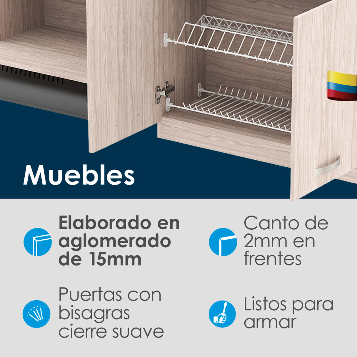 Mueble Superior de Cocina Ambar Soder 180x65cm con Locero Espacio para Extractor Derecha y con Espacio para Microondas - MUEBLES SUPERIORES DE COCINA | Bylmo