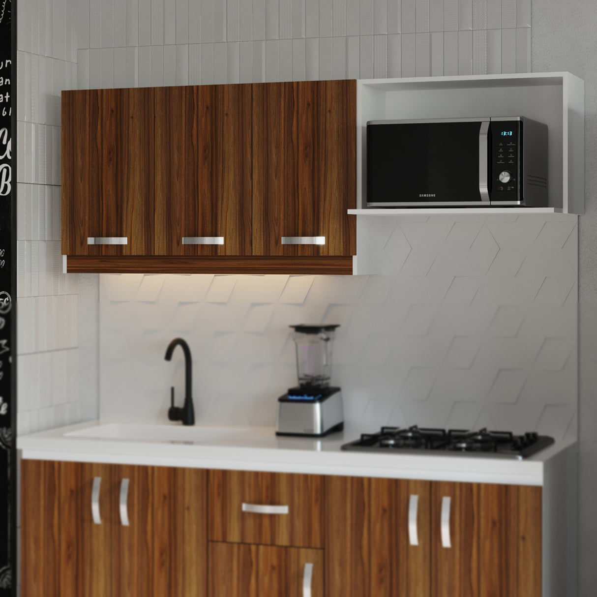 Mueble Superior de Cocina Ambar Gracia 180x65cm con Locero Espacio para Extractor Derecha y con Espacio para Microondas - MUEBLES SUPERIORES DE COCINA | Bylmo