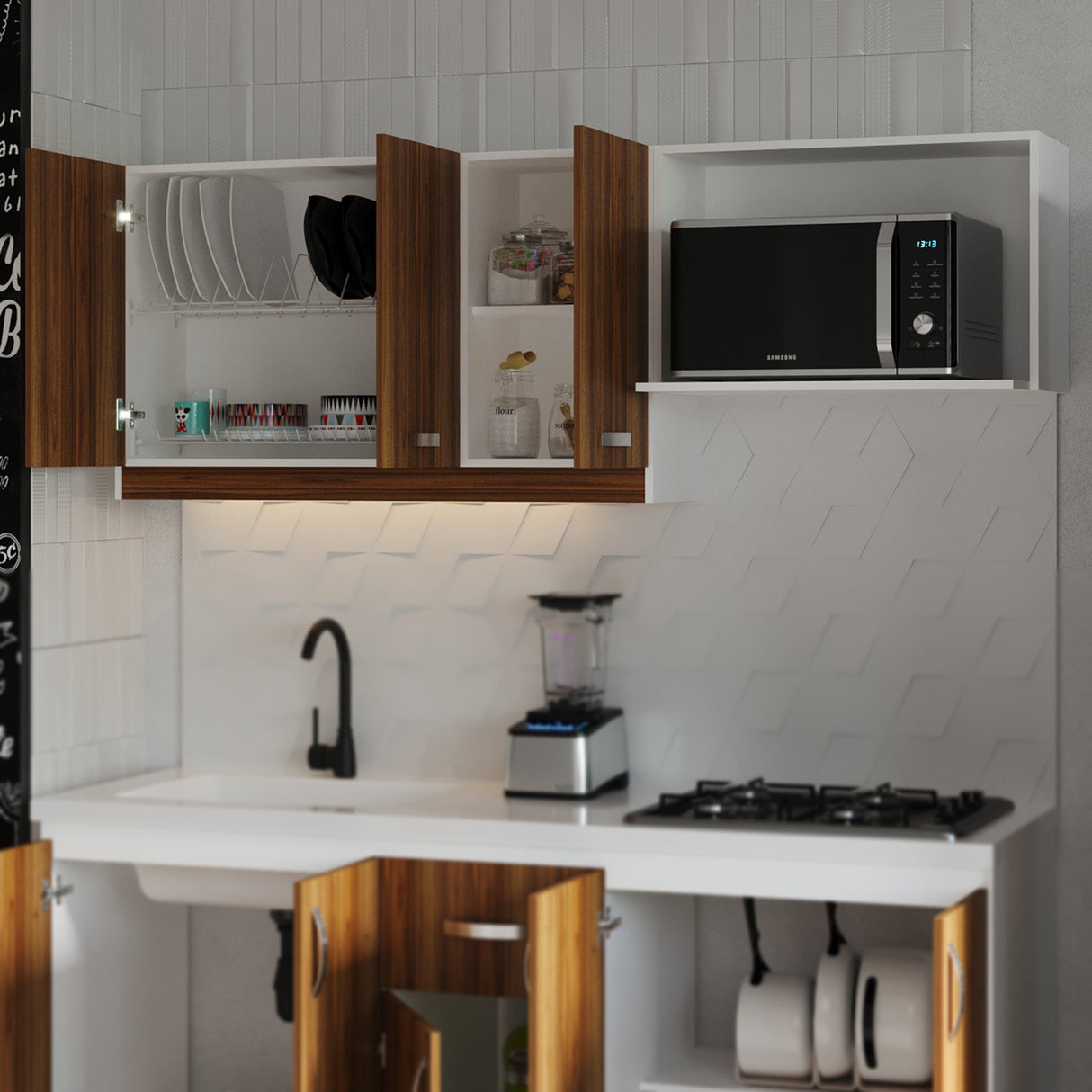 Mueble Superior de Cocina Ambar Gracia 180x65cm con Locero Espacio para Extractor Derecha y con Espacio para Microondas - MUEBLES SUPERIORES DE COCINA | Bylmo