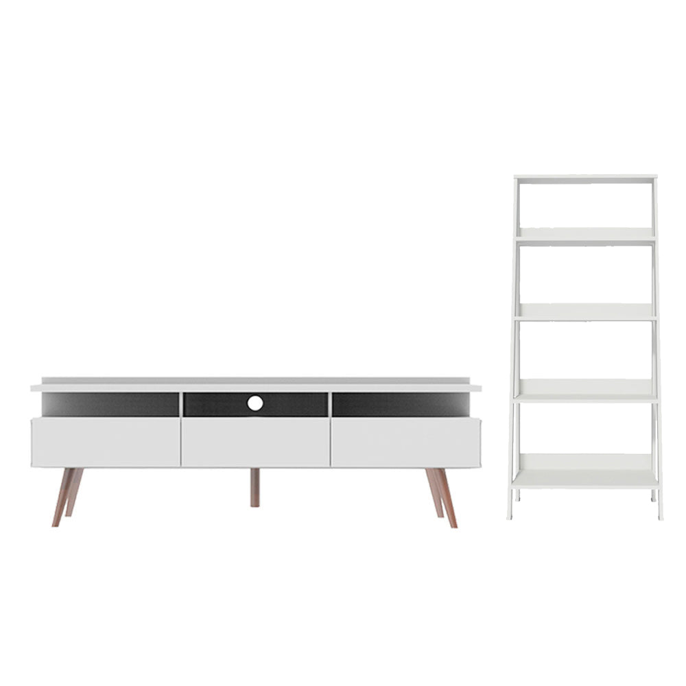 Combo Mueble de TV y Biblioteca Londres Blanco 221x140cm Para TV Hasta 65 Pulgadas con Ranuras para Cables - MUEBLES DE TV | Bylmo