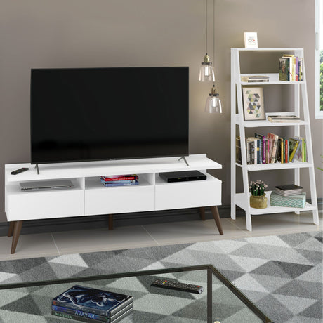 Combo Mueble de TV y Biblioteca Londres Blanco 221x140cm Para TV Hasta 65 Pulgadas con Ranuras para Cables - MUEBLES DE TV | Bylmo