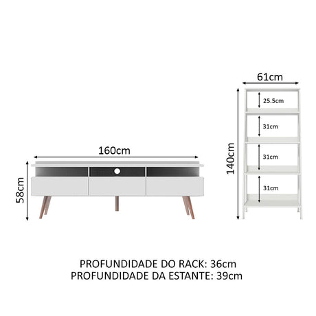 Combo Mueble de TV y Biblioteca Londres Blanco 221x140cm Para TV Hasta 65 Pulgadas con Ranuras para Cables - MUEBLES DE TV | Bylmo