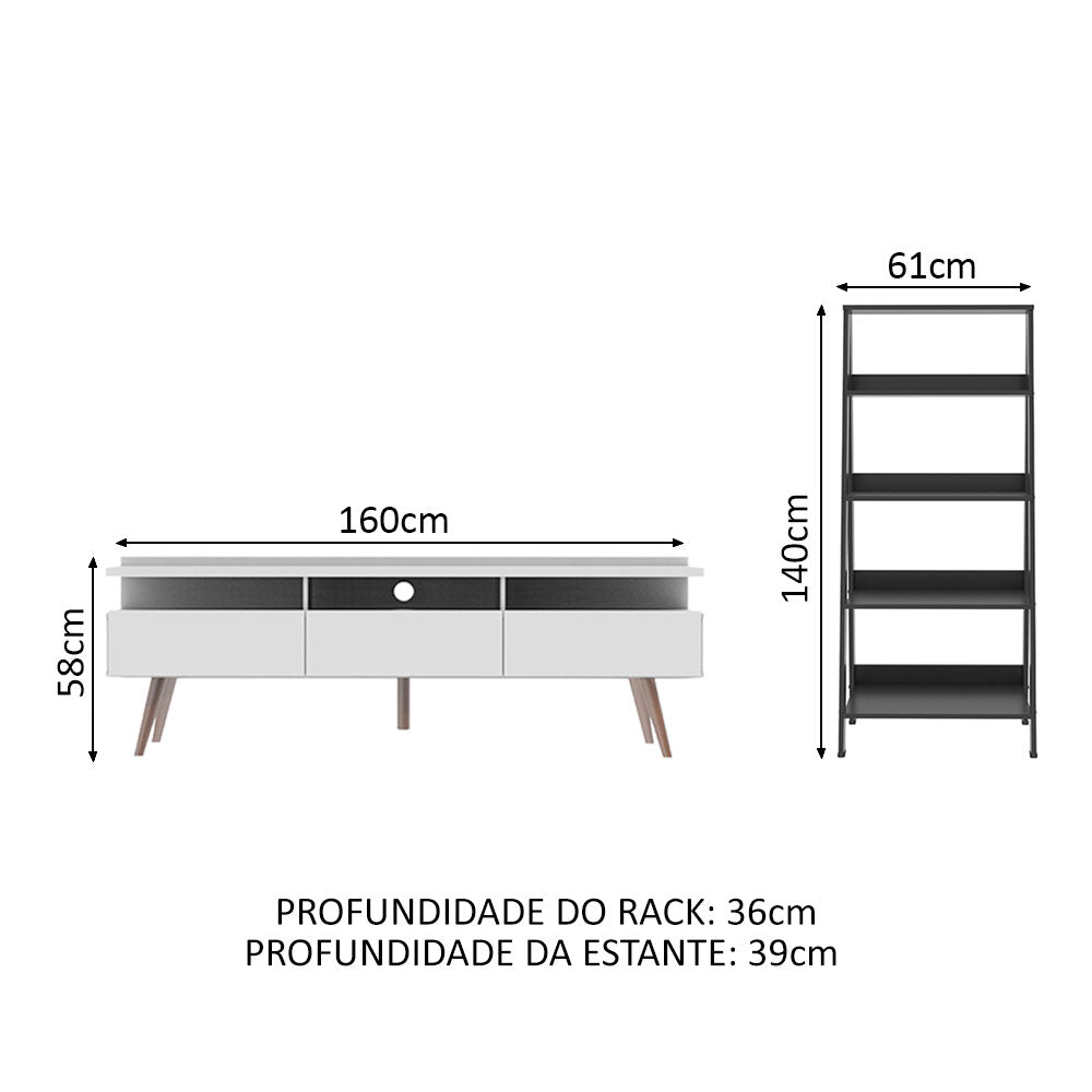 Combo Mueble de TV y Biblioteca Londres Blanco y Negro 61x140cm Para TV Hasta 65 Pulgadas con Ranuras para Cables - MUEBLES DE TV | Bylmo