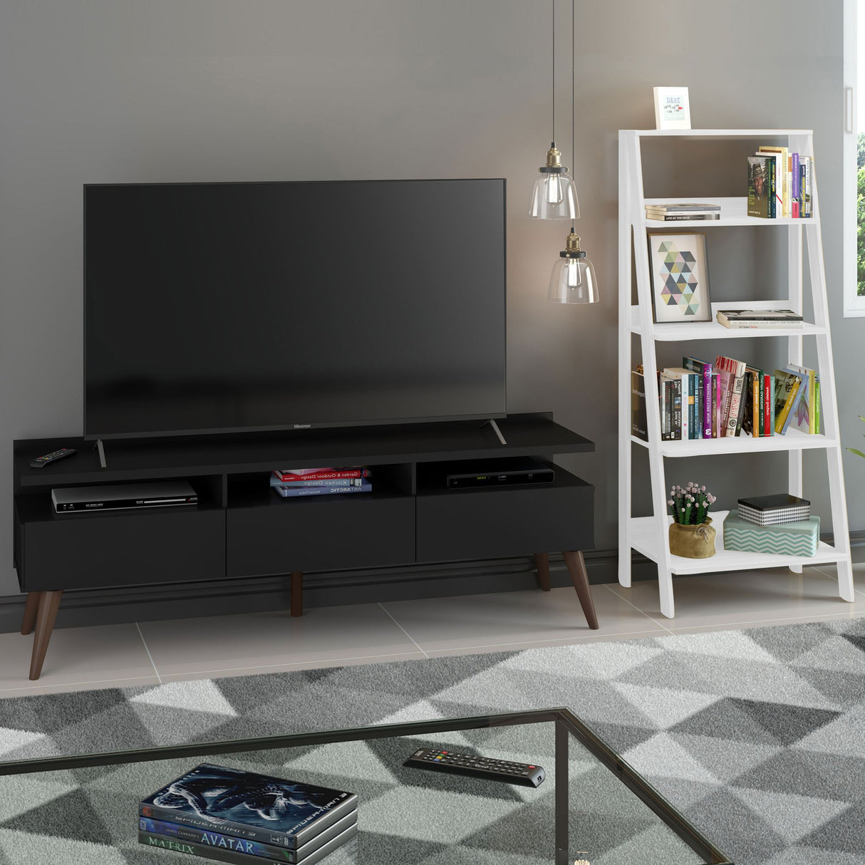 Combo Mueble de TV y Biblioteca Londres Negro y Blanco 221x140cm Para TV Hasta 65 Pulgadas con Ranuras para Cables - MUEBLES DE TV | Bylmo