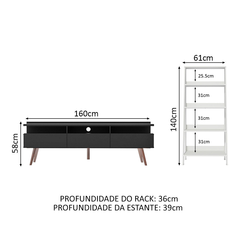 Combo Mueble de TV y Biblioteca Londres Negro y Blanco 221x140cm Para TV Hasta 65 Pulgadas con Ranuras para Cables - MUEBLES DE TV | Bylmo