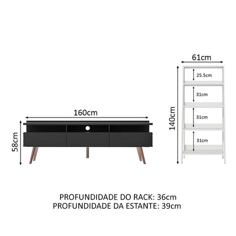 Combo Mueble de TV y Biblioteca Londres Negro y Blanco 221x140cm Para TV Hasta 65 Pulgadas con Ranuras para Cables - MUEBLES DE TV | Bylmo