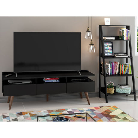 Combo Mueble de TV y Biblioteca Londres Negro 61x140cm Para TV Hasta 65 Pulgadas con Ranuras para Cables - MUEBLES DE TV | Bylmo