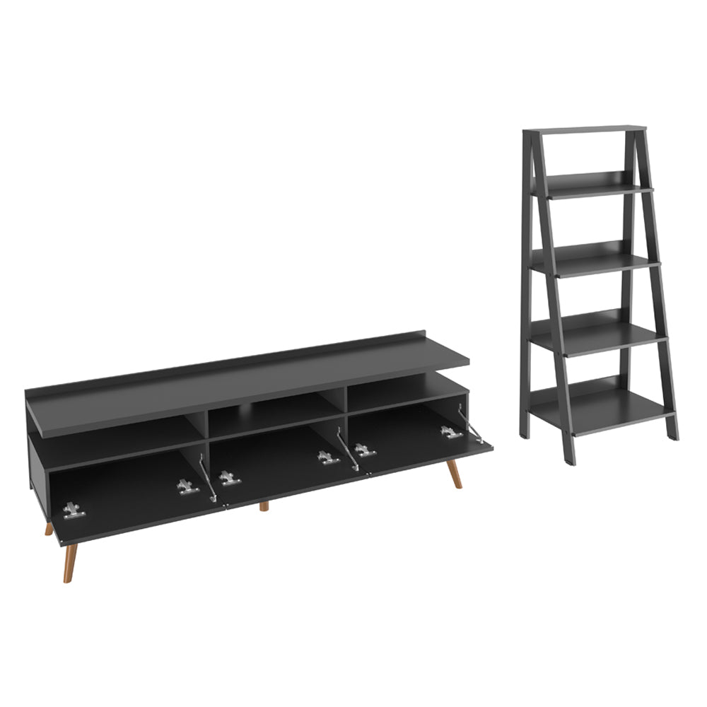 Combo Mueble de TV y Biblioteca Londres Negro 61x140cm Para TV Hasta 65 Pulgadas con Ranuras para Cables - MUEBLES DE TV | Bylmo