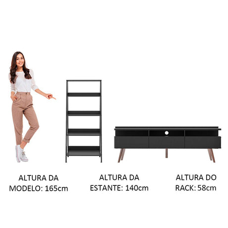 Combo Mueble de TV y Biblioteca Londres Negro 61x140cm Para TV Hasta 65 Pulgadas con Ranuras para Cables - MUEBLES DE TV | Bylmo