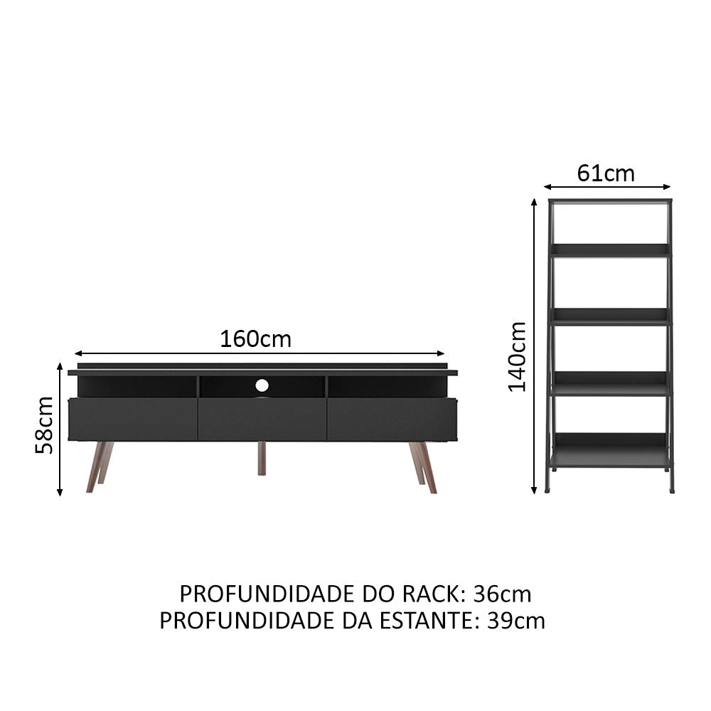 Combo Mueble de TV y Biblioteca Londres Negro 61x140cm Para TV Hasta 65 Pulgadas con Ranuras para Cables - MUEBLES DE TV | Bylmo