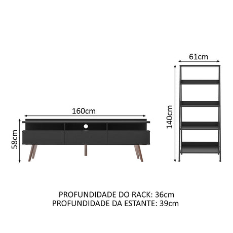 Combo Mueble de TV y Biblioteca Londres Negro 61x140cm Para TV Hasta 65 Pulgadas con Ranuras para Cables - MUEBLES DE TV | Bylmo