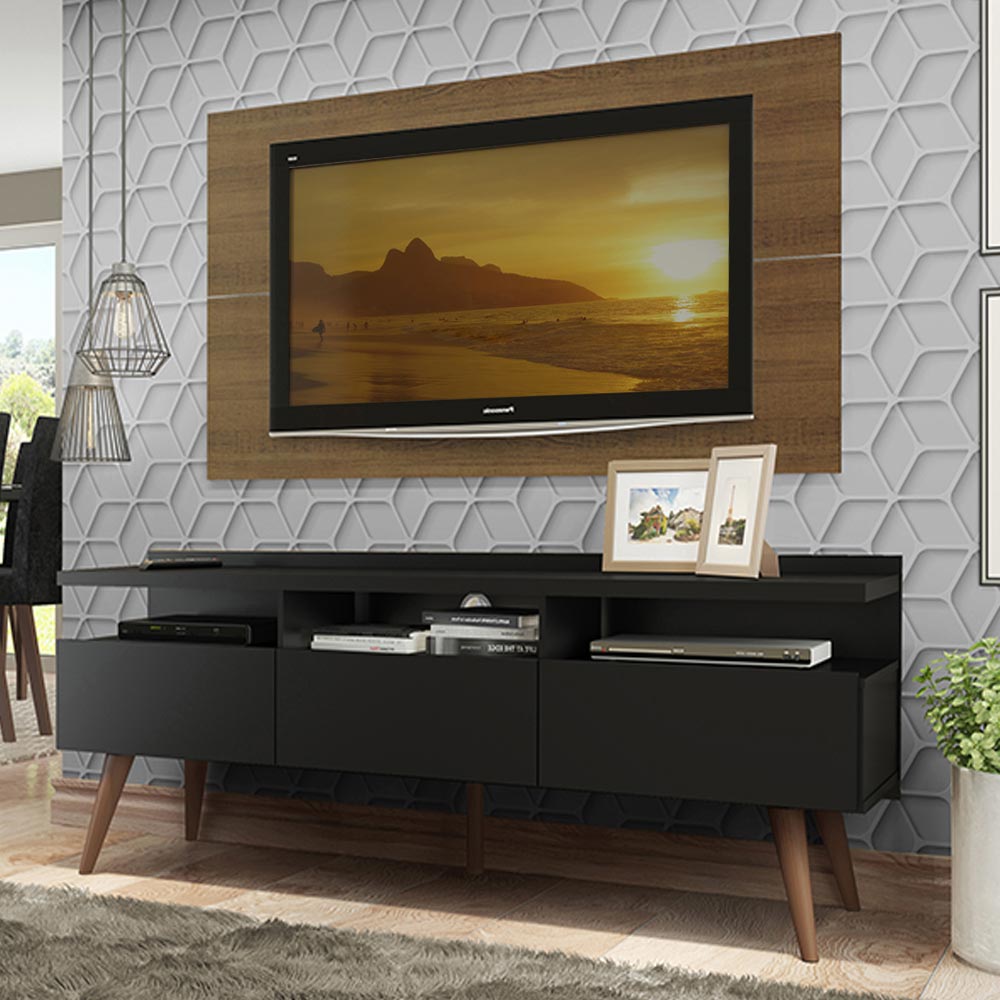 Combo Mueble y Panel de TV Londres Marron y Negro 160x141cm Para TV Hasta 55 Pulgadas con Ranuras para Cables - MUEBLES DE TV | Bylmo