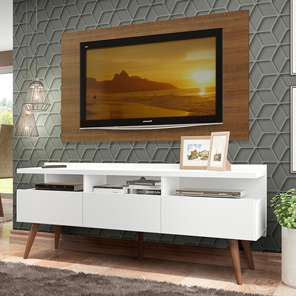 Combo Mueble y Panel de TV Londres Blanco y Marron 160x141cm Para TV Hasta 55 Pulgadas con Ranuras para Cables - MUEBLES DE TV | Bylmo