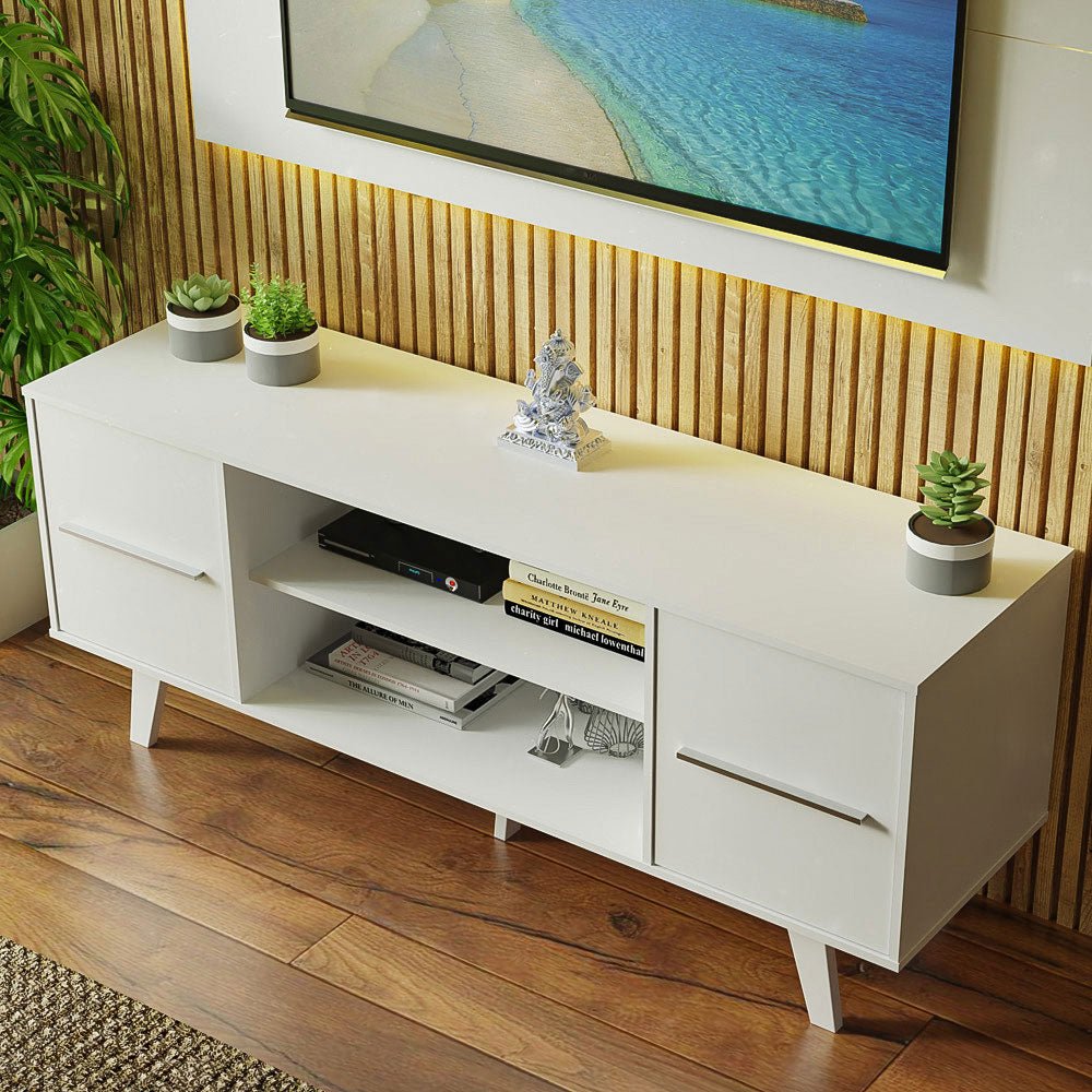 Combo Mueble y Panel de TV Copenhagen Blanco 136x126cm Para TV Hasta 55 Pulgadas con Ranuras para Cables - MUEBLES DE TV | Bylmo