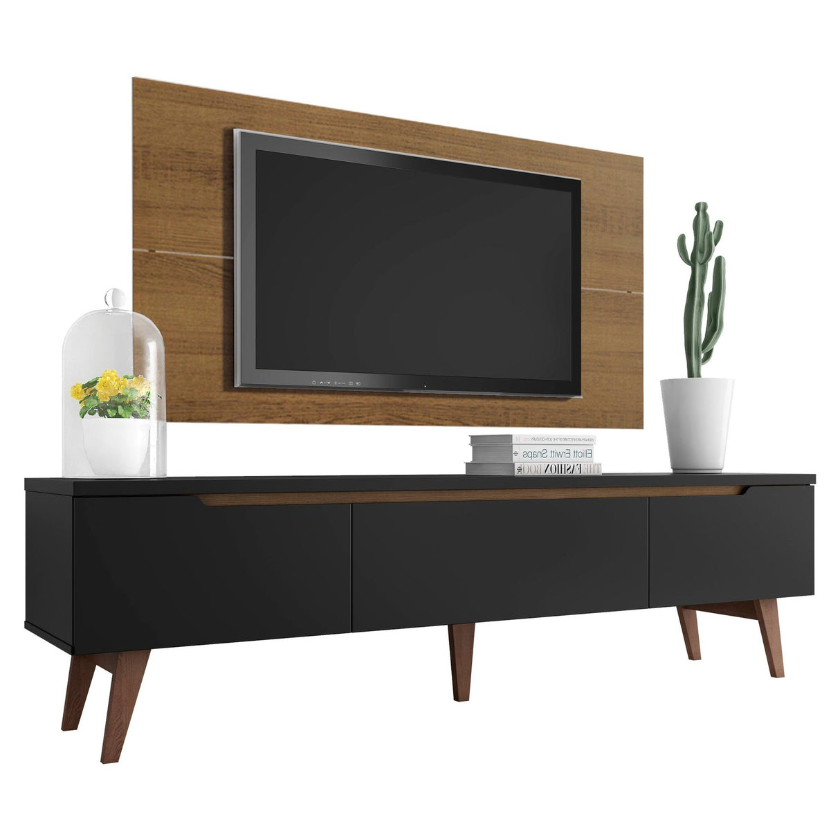Combo Mueble y Panel de TV Reims Marron y Negro 180x122cm Para TV Hasta 55 Pulgadas con Ranuras para Cables - MUEBLES DE TV | Bylmo