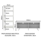 Combo Mueble de TV y Biblioteca Udine Blanco 150x58cm Para TV Hasta 65 Pulgadas con Ranuras para Cables - MUEBLES DE TV | Bylmo