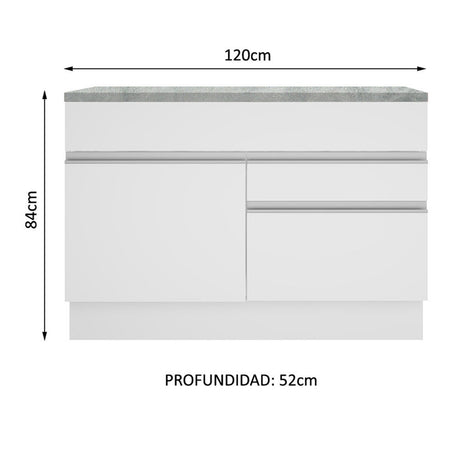 Mueble Inferior de Cocina Glamy Blanco 120x84cm con Mesón de Madera y sin Estufa con 2 Cajones - MUEBLES INFERIORES DE COCINA | Bylmo