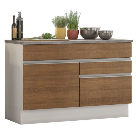 Mueble Inferior de Cocina Glamy Blanco y Marron 120x84cm con Mesón de Madera y sin Estufa con 2 Cajones - MUEBLES INFERIORES DE COCINA | Bylmo