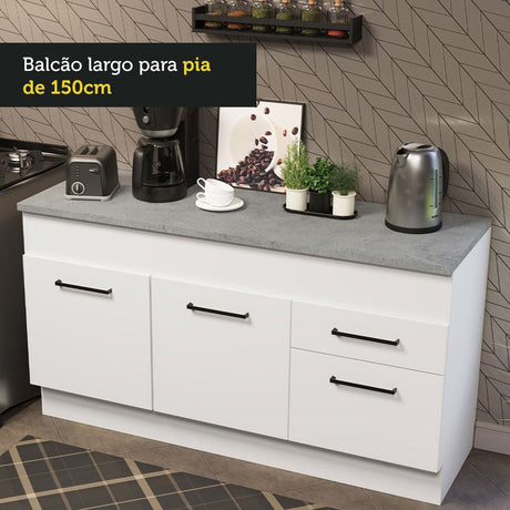 Mueble Inferior de Cocina Agata Blanco 150x84cm con Mesón de Madera y sin Estufa con 2 Cajones - MUEBLES INFERIORES DE COCINA | Bylmo