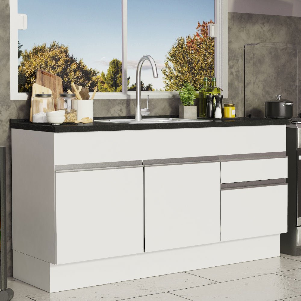 Mueble Inferior de Cocina Glamy Blanco 150x81cm con Mesón de Madera y sin Estufa con 2 Cajones - MUEBLES INFERIORES DE COCINA | Bylmo