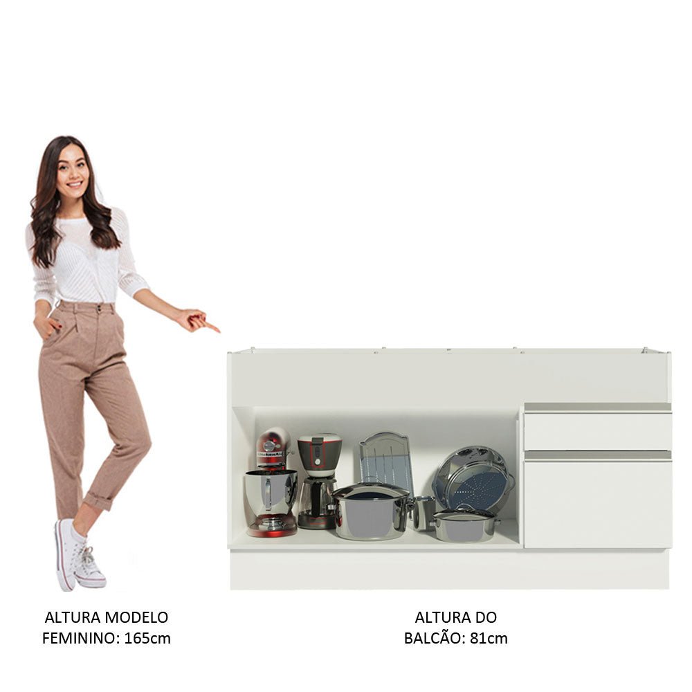 Mueble Inferior de Cocina Glamy Blanco 150x81cm con Mesón de Madera y sin Estufa con 2 Cajones - MUEBLES INFERIORES DE COCINA | Bylmo