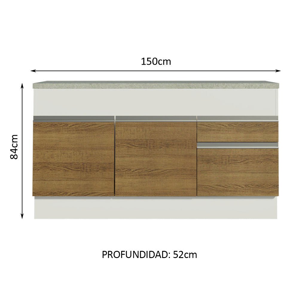 Mueble Inferior de Cocina Glamy Blanco y Marron 150x84cm con Mesón de Madera y sin Estufa - MUEBLES INFERIORES DE COCINA | Bylmo