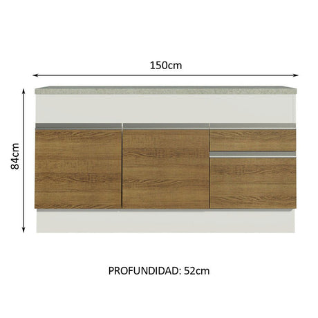 Mueble Inferior de Cocina Glamy Blanco y Marron 150x84cm con Mesón de Madera y sin Estufa - MUEBLES INFERIORES DE COCINA | Bylmo