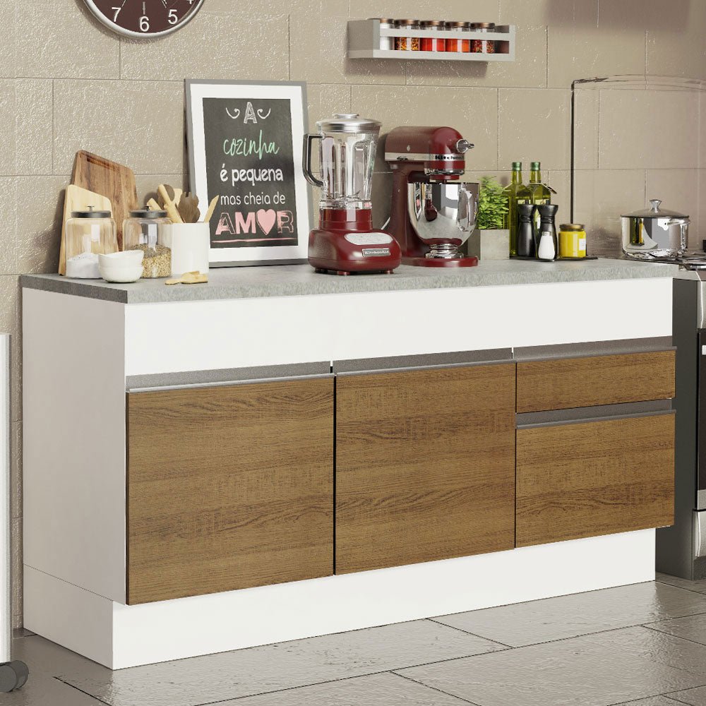 Mueble Inferior de Cocina Glamy Blanco y Marron 150x84cm con Mesón de Madera y sin Estufa - MUEBLES INFERIORES DE COCINA | Bylmo
