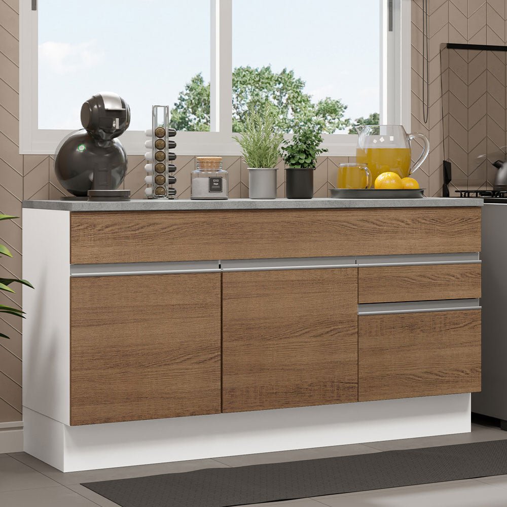 Mueble Inferior de Cocina Glamy Blanco y Marron 150x84cm con Mesón de Madera y sin Estufa con 2 Cajones - MUEBLES INFERIORES DE COCINA | Bylmo