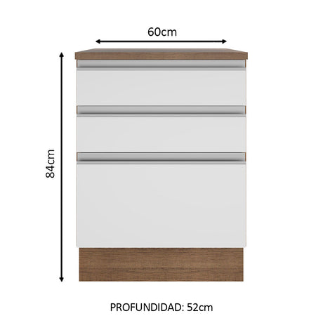 Mueble Inferior de Cocina Glamy Marron y Blanco 60x84cm con Mesón de Madera y sin Estufa con 3 Cajones - MUEBLES INFERIORES DE COCINA | Bylmo