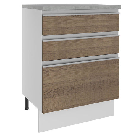 Mueble Inferior de Cocina Glamy Blanco y Marron 60x84cm con Mesón de Madera y sin Estufa con 3 Cajones - MUEBLES INFERIORES DE COCINA | Bylmo