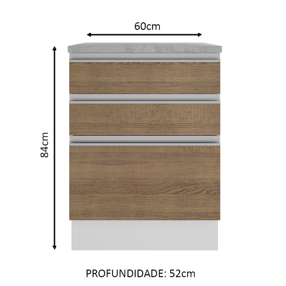 Mueble Inferior de Cocina Glamy Blanco y Marron 60x84cm con Mesón de Madera y sin Estufa con 3 Cajones - MUEBLES INFERIORES DE COCINA | Bylmo