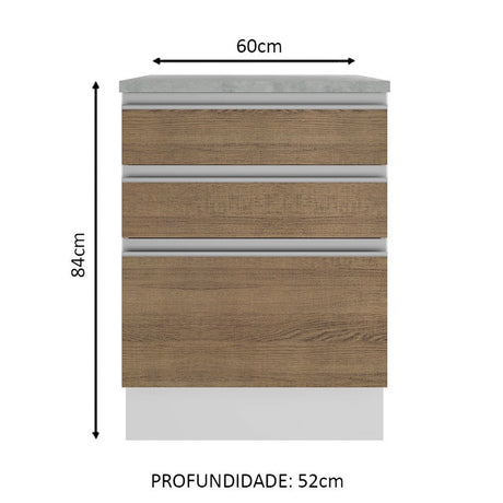 Mueble Inferior de Cocina Glamy Blanco y Marron 60x84cm con Mesón de Madera y sin Estufa con 3 Cajones - MUEBLES INFERIORES DE COCINA | Bylmo