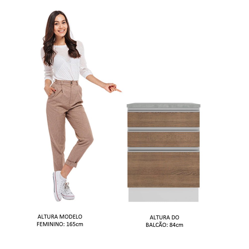 Mueble Inferior de Cocina Glamy Blanco y Marron 60x84cm con Mesón de Madera y sin Estufa con 3 Cajones - MUEBLES INFERIORES DE COCINA | Bylmo