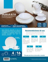 Juego de Vajillas de 16 Piezas Vitrocerámica Blanco y Dorado 24x2.5cm para Cuatro Puestos con Acabado Brillante - VAJILLA | Bylmo