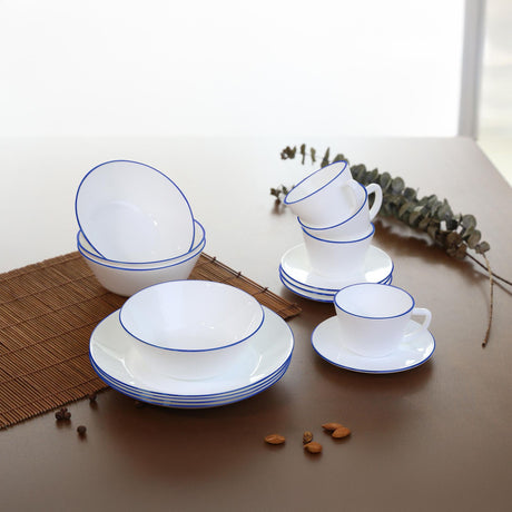 Juego de Vajillas de 16 Piezas Vitrocerámica Blanco y Azul 24x2.5cm para Cuatro Puestos con Acabado Brillante - VAJILLA | Bylmo