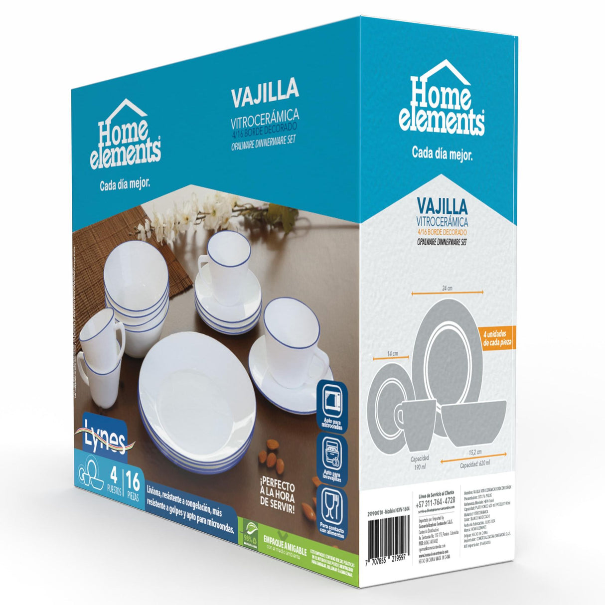 Juego de Vajillas de 16 Piezas Vitrocerámica Blanco y Azul 24x2.5cm para Cuatro Puestos con Acabado Brillante - VAJILLA | Bylmo