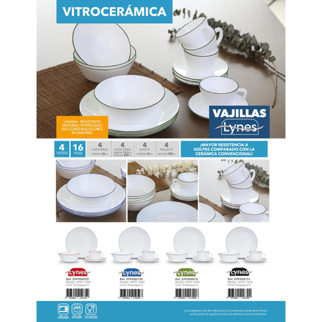 Juego de Vajillas de 16 Piezas Vitrocerámica Blanco y Verde 24x2.5cm para Cuatro Puestos con Acabado Brillante - VAJILLA | Bylmo