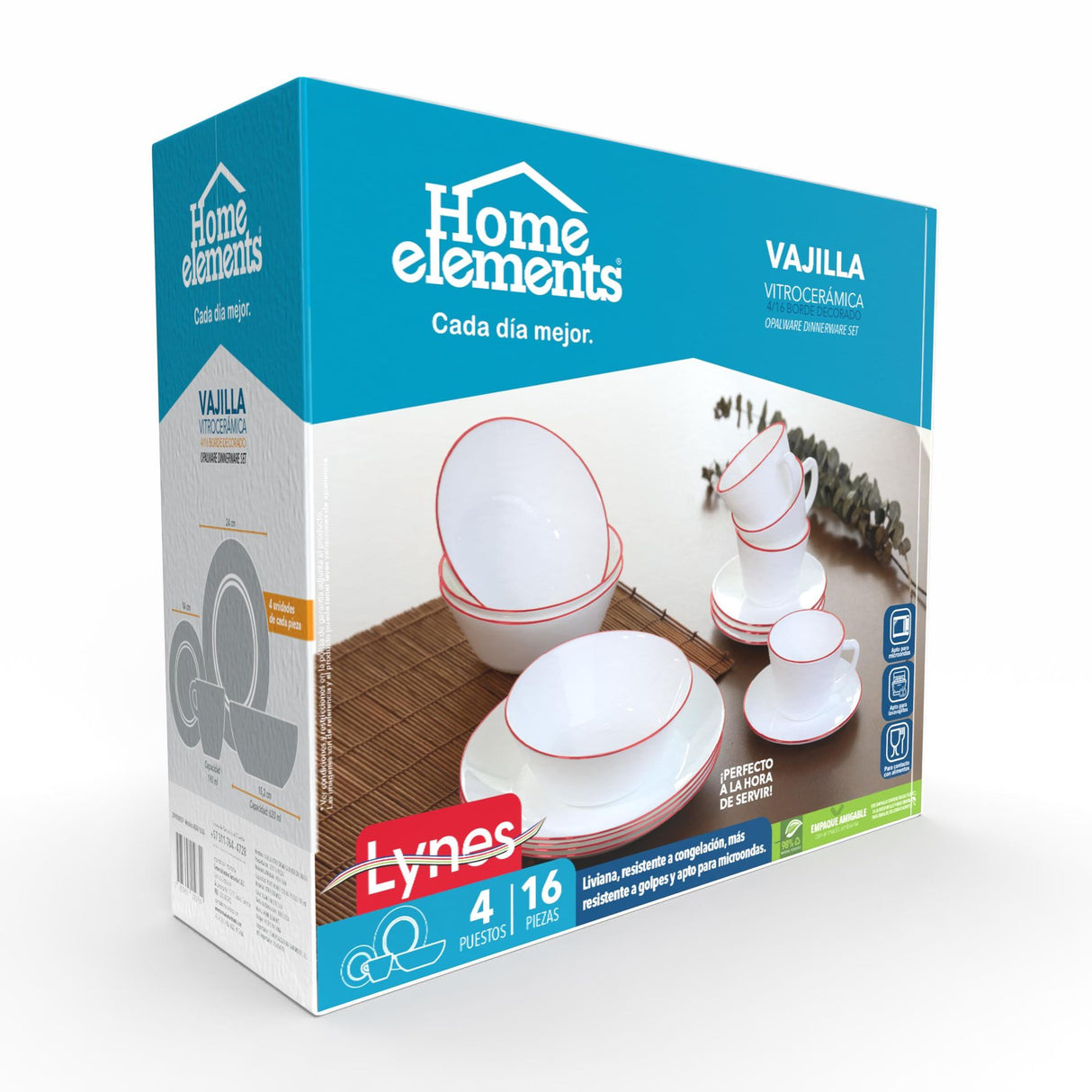 Juego de Vajillas de 16 Piezas Vitrocerámica Blanco y rojo 24x2.5cm para Cuatro Puestos con Acabado Brillante - VAJILLA | Bylmo