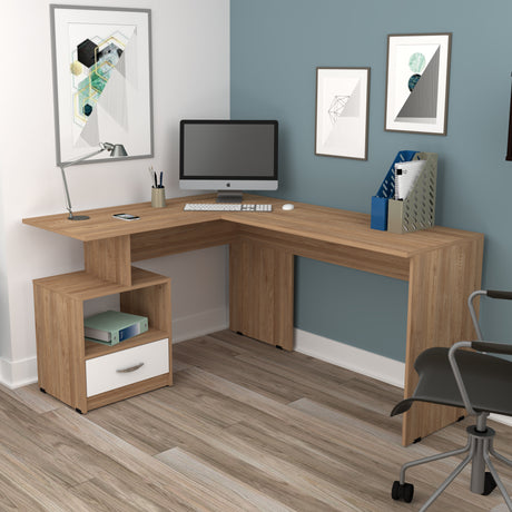 Estación de Trabajo Amaretto y Blanco 150x75cm con Organizador de Libros - ESCRITORIOS | Bylmo