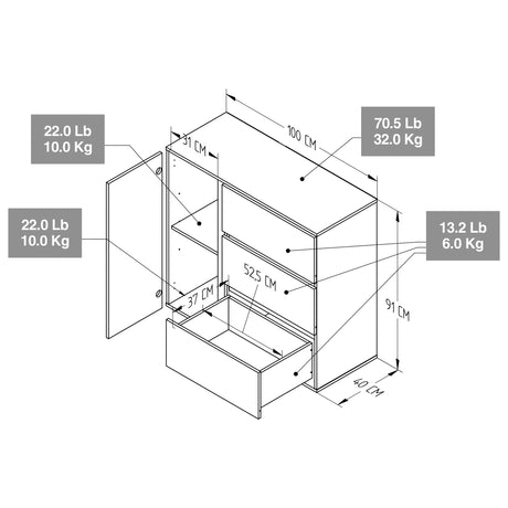 Cómoda Arena y Blanco 100x91cm con Tres Cajones y con Patas - CAJONERAS Y COMODAS | Bylmo