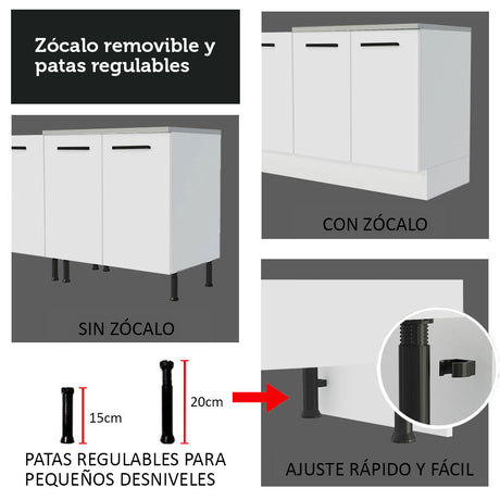 Set X 2 Muebles Inferiores de Cocina Agata Blanco 200x84cm sin Mesón sin Estufa y con Tres Cajones - MUEBLES INFERIORES DE COCINA | Bylmo