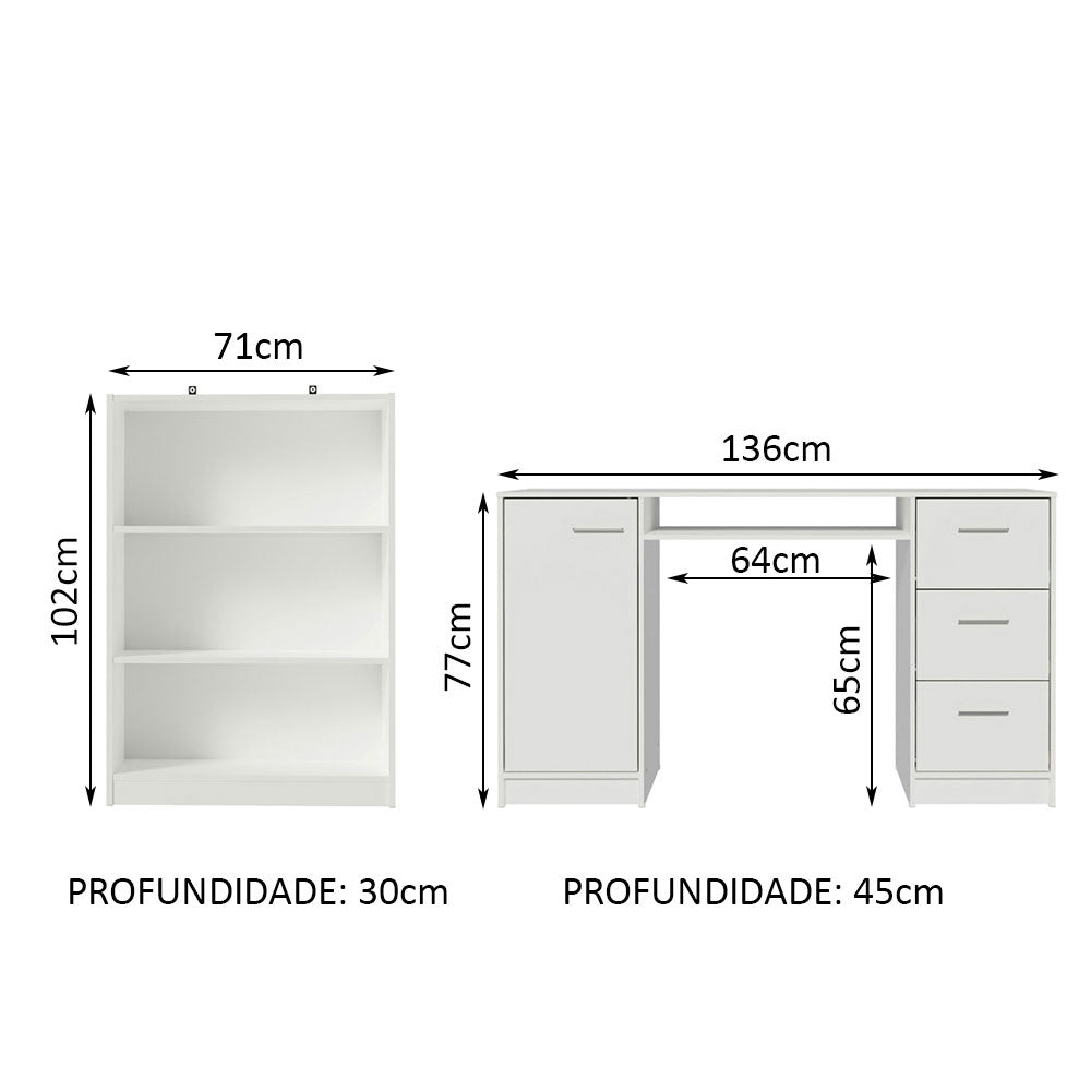 Combo Escritorio y Biblioteca Alaska Blanco 207x102cm con Tres Cajones y con Archivador - ESCRITORIOS | Bylmo
