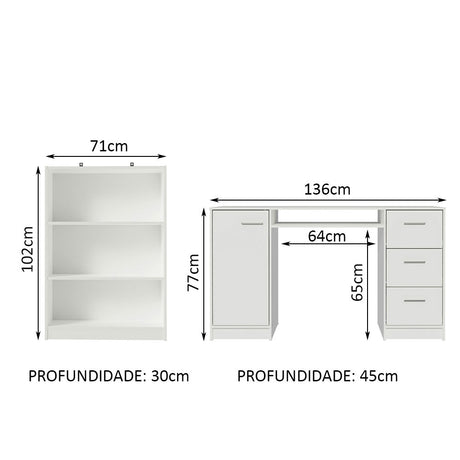 Combo Escritorio y Biblioteca Alaska Blanco 207x102cm con Tres Cajones y con Archivador - ESCRITORIOS | Bylmo