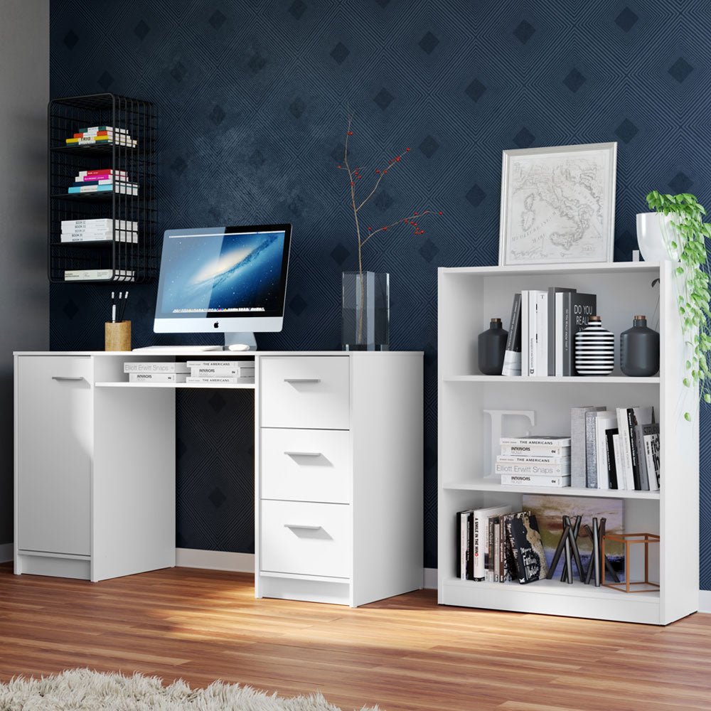 Combo Escritorio y Biblioteca Alaska Blanco 207x102cm con Tres Cajones y con Archivador - ESCRITORIOS | Bylmo