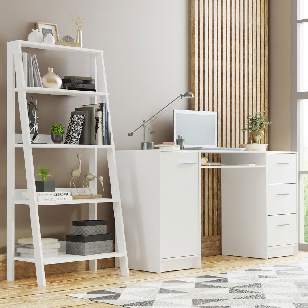 Combo Escritorio y Biblioteca Alaska Blanco 136x77cm con Tres Cajones y con Archivador - ESCRITORIOS | Bylmo