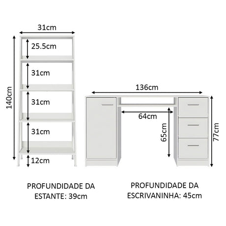 Combo Escritorio y Biblioteca Alaska Blanco 136x77cm con Tres Cajones y con Archivador - ESCRITORIOS | Bylmo