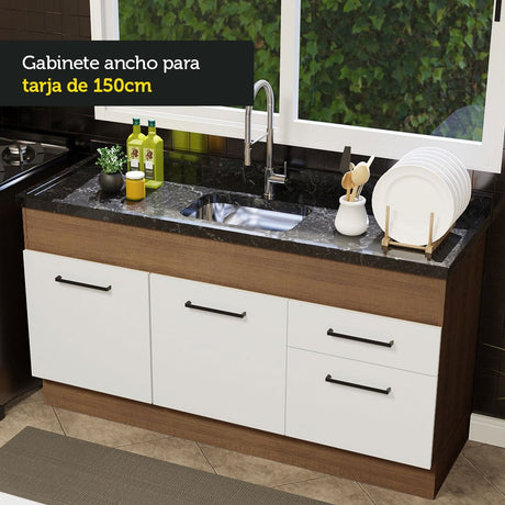 Mueble Inferior de Cocina Agata Marron y Blanco 150x81cm sin Mesón sin Estufa y con Dos Cajones - MUEBLES INFERIORES DE COCINA | Bylmo