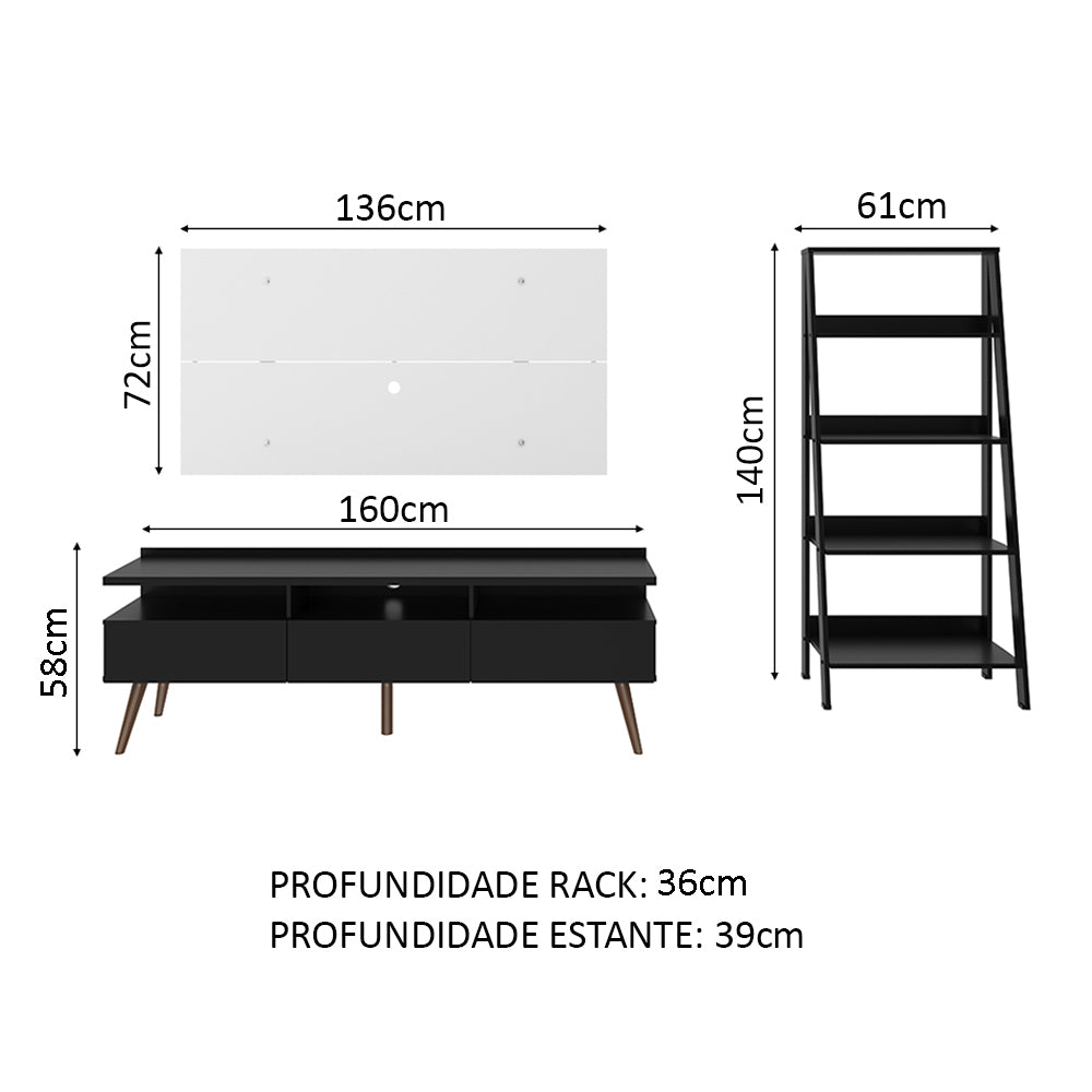 Combo Mueble de TV y Biblioteca Negro y Blanco 61x140cm para TV Hasta 55 Pulgadas con Seis Compartimientos y Ranura para Cables - MUEBLES DE TV | Bylmo